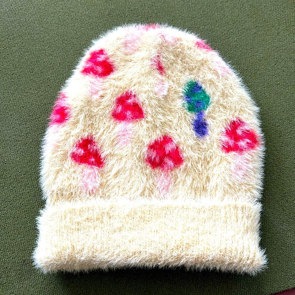 Off-white with red and pink mushrooms beanie